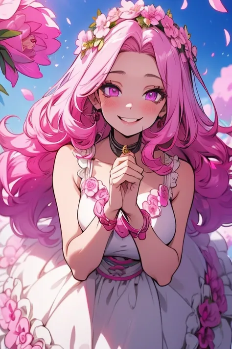 One woman.Perfect faces. Perfect hands. A pink haired woman with violet eyes and an hourglass figure in a ballgown is smiling in a flurry of peony petals with a blush and a big smile in the park