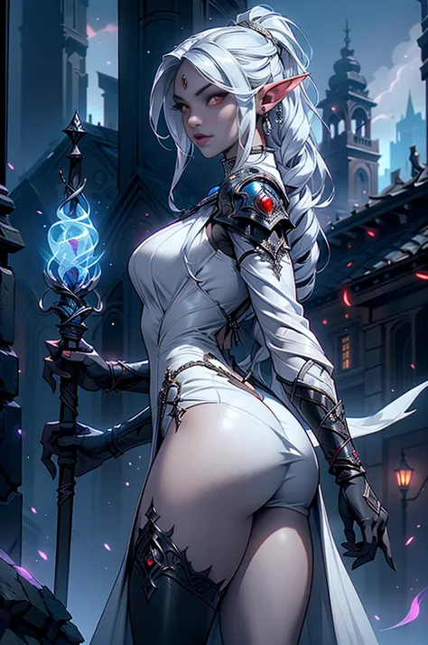 (rear view, backside view),1girl, sexy drow, elfa de peito grande morena skin, pale silver long elaborate braids, ((red eyes)), jewels, elf ears, earrings, ((white sorceress sexy dress)), ((wields staff)), ((cast light magic)), on a roof of scyscraper, ath...