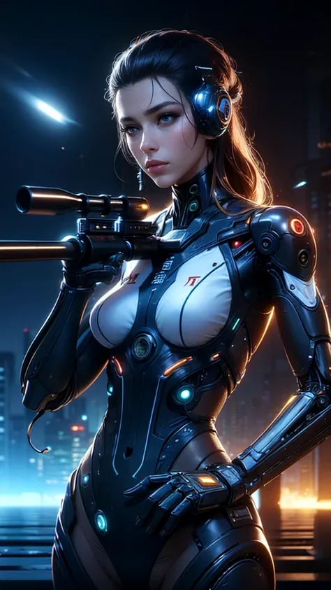 top quality, future world, State-of-the-art robot, Beautiful Woman, flying hair, Transformed into a cyborg except for the face, sexy images, whole body photo, ((beautiful woman shooting sniper rifle, concentration, focus, shooting fire, bullet in air))