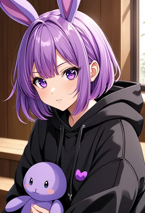  anime girl in black sweatshirt with short purple hair, with big purple bunny ears and purple eyes