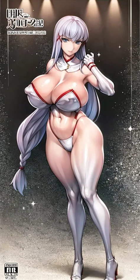 (masterpiece, HI quality: 1.1) 1girl full body standing good face, nice ass, hairstyle: braid, Color Hair: WHITE long hair, Blindfolded: NO EYES, Skin: White (porcelain skin, sparkly skin) muscular, thighs, Mature woman, Abs, looks at the viewer smiling, e...