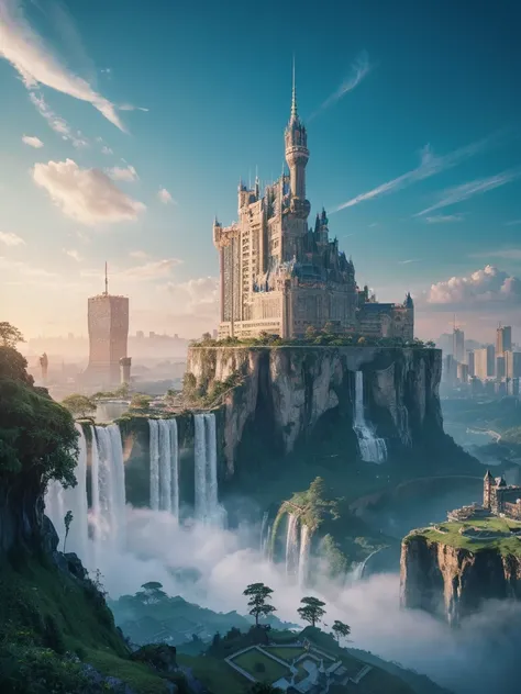 Huge castles and skyscrapers floating in the sky Cyberpunk Isekai Fantasy Top Quality Ultra High Definition Utopia 8K Giant Waterfall Mother Nature