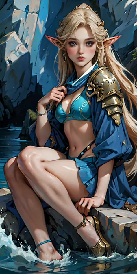 woman in a blue bikini sits on a rock next to a body of water, ornate bikini armor, goddess of the sea, portrait of female black elf warrior, detailed fantasy art, Extremely detailed Artgerm, realistic Alexis Texas blonde long messy hair, long elf ears