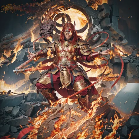 red hair asura (3 eyes) warrior look, ancient chiense armour, surrounded by fire, sending on a huge wheel, holding a metal whip weapon (sword), purple deity ribbon, 