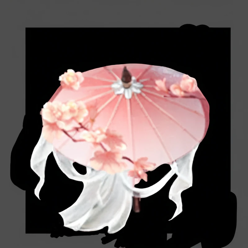 there is a pink umbrella with flowers on it on a black background, 阳umbrella, umbrella, an umbrella top, A sheep, flowing Cherry blossoms-colored silk, Cherry blossoms kinomoto, Fancy hats, flowing Cherry blossoms silk, shadow, 阳umbrellas, mushroom umbrell...