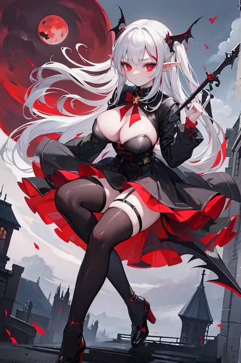 1 Girl Elf, vampire, young, black dress, red right stocking, black left stocking, red eyes, white hair with bow, with a huge two handed sword, against the backdrop of the red moon, abandoned gothic church, night, looking at viewer, cute pose, 8k, masterpie...