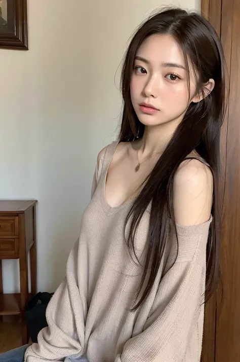 (Highly realistic photos, High resolution, Detailed face, Fine grain), ((Shooting in the room))、Japanese women, 20-year-old, A variety of expressions, alone:1, Slim figure, Various hairstyles, Casual clothing, 写真の中でalone、Selfie、Photographed in natural ligh...