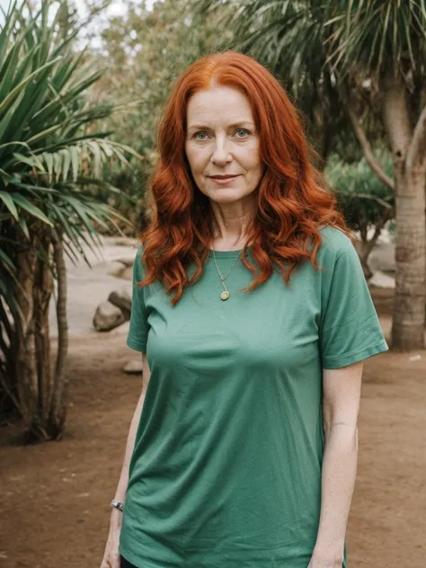 portrait, her name is Mia, high quality, 1 old woman, ((40-year-old guitar shaped body irish woman)), (((40 years old))), wide hips, (wrinkled body), (old body), (((red hair))), (pale skin), ((green eyes)), she is wearing a stylish fashionable generation z...