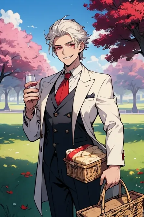 Perfect face. Perfect hands. A young white haired man with red eyes in an ornate suit is holding a picnic basket with a big smile in the park
