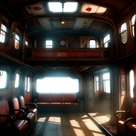 Hyper Realistic old  interior train in 1angle shoot, seat steampunk, fog environment, Fantasy Art, Photorealistic, Dynamic Lighting, Artstation, graffiti on the wall, horror, mystery, Highly Detailed, 4K, Award Winning, bloody