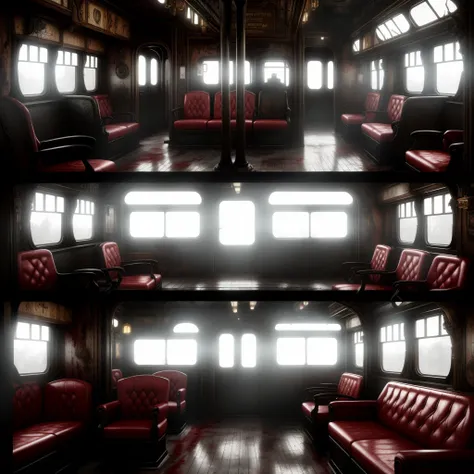 Hyper Realistic old  interior train in 1angle shoot, seat steampunk, fog environment, Fantasy Art, Photorealistic, Dynamic Lighting, Artstation, graffiti on the wall, horror, mystery, Highly Detailed, 4K, Award Winning, bloody