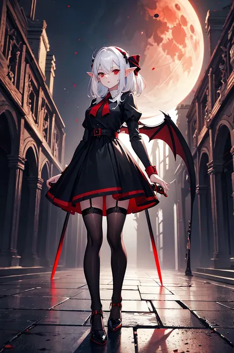 1 Girl Elf, vampire, young, black dress, red right stocking, black left stocking, red eyes, white hair with bow, with a huge two handed sword, against the backdrop of the red moon, abandoned gothic church, night, looking at viewer, cute pose, 8k, masterpie...