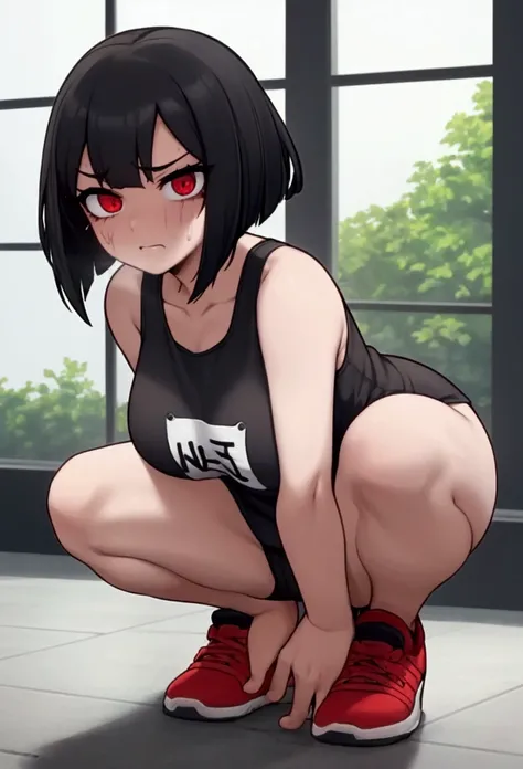 Girl, black hair, bob, red eyes, marathon runner, rolling her eyes, squatting down, looking in pain, sweating, black tank top with red lines, black shorts with red lines, marathon shoes , white race bib