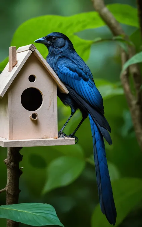 there is a large blue black bird, with stripes in a birdhouse with a tail, rare bird in the jungle, long tail, very beautiful and elegant, beautiful and elegant, long and elegant tail, captured on canon eos r 6, long tail, beautiful and graceful, long tail...