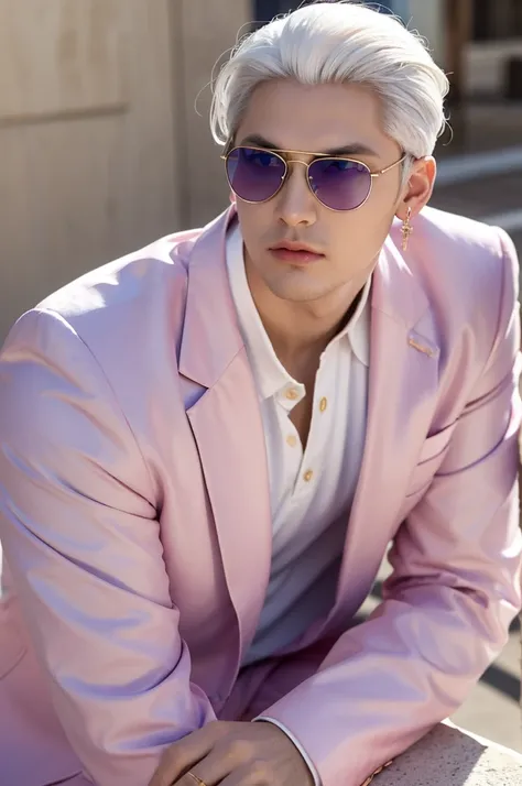 masterpiece，Adult male，Off-white hair，Slicked back，Eyes as blue as the sky，Pink sunglasses，Pink suit，Gold round earrings，brave