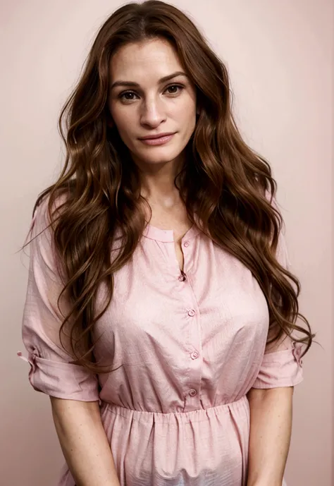 Julia Roberts with long, wavy brown hair, wearing a pink top, touches her hair with both hands. Her makeup is done, with her hair styled in loose waves.