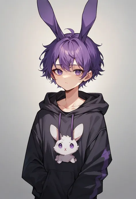  anime girl in black sweatshirt with short purple hair, with big purple bunny ears and purple eyes