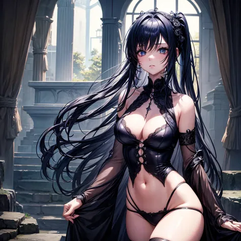 A beautiful anime girl with a gothic theme and a dam in her stomach (were)