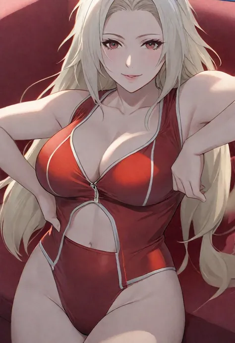 anime girl in red Swimsuit sitting on a blue couch, seductive anime girl, is wearing a Swimsuit, beautiful and seductive anime woman, Swimsuit, blonde anime girl with long hair, I will also make fanart., Extremely detailed artistic germ, fire emblem edelga...