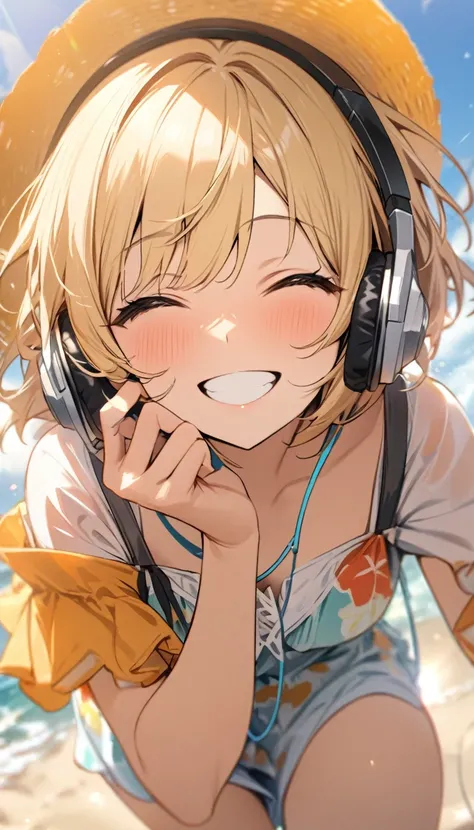 ((Highest quality)), ((masterpiece)), (detailed), Perfect Face、listen to music、One girl, Blonde, short hair, headphone, The costume is summer clothes、Bright expression、Big smile