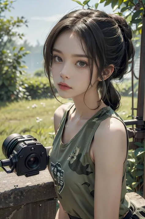 (((best quality))),(((ultra detailed))),(((masterpiece))),illustration,((1girl,sniper,solo)),summer,heat,hair tied back,short ponytail,green camouflage tank top,mini-skirt,shrubbery,sweat,forehead,intent,focused,determined,expression,sun,shadows,discipline...