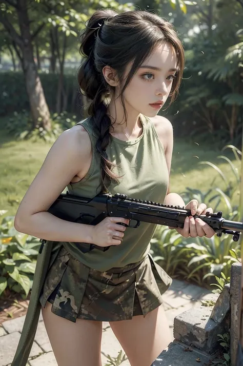 (((best quality))),(((ultra detailed))),(((masterpiece))),illustration,((1girl,sniper,solo)),summer,heat,hair tied back,short ponytail,green camouflage tank top,mini-skirt,shrubbery,sweat,forehead,intent,focused,determined,expression,sun,shadows,discipline...