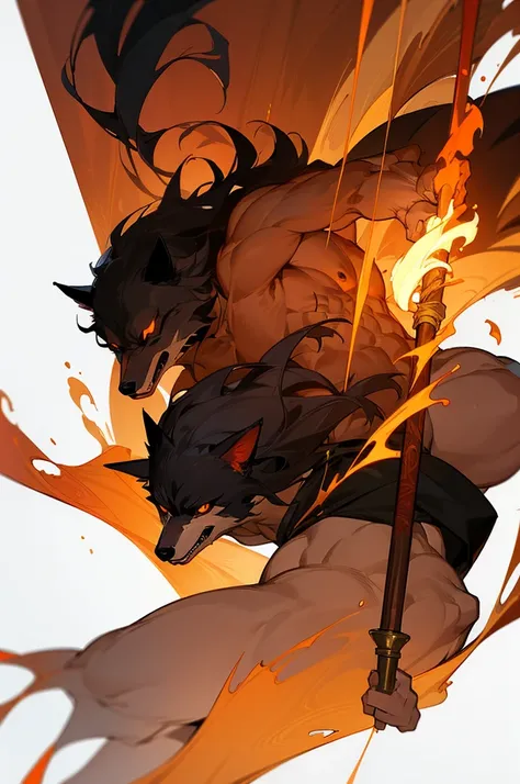 concept, [fire staff], medieval, wood staff, long torch, white background, A fire dancers staff (umber skin, black skin), with wolf ears, muscle, shirtless, black wavy hair, oriental