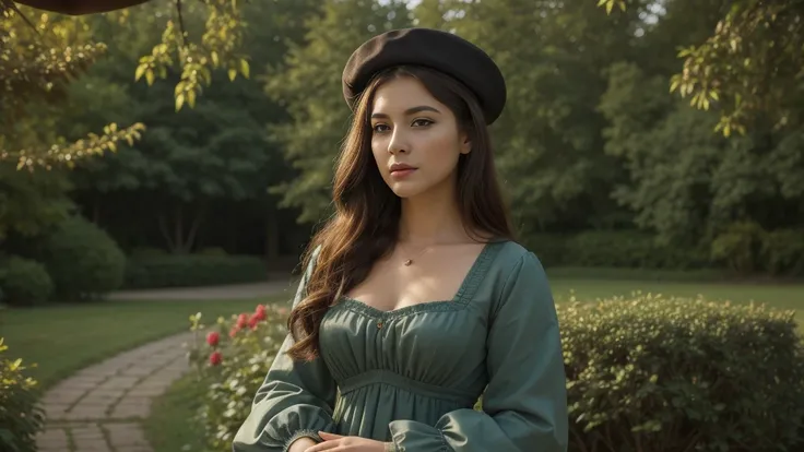 High quality) Woman in vintage clothing from the past century, wearing gloves and a period dress, with a hat and an elegant parasol, surrounded by a picturesque garden. The woman has long flowing hair and a serene expression on her face, with beautifully d...