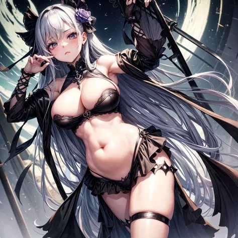 A beautiful anime girl with a gothic theme and a bulging and swollen belly 