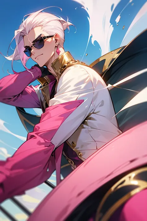 Adult male，Off-white hair，Slicked back，Eyes as blue as the sky，Pink sunglasses，Pink suit，Gold round earrings，Gold eyebrow studs，Host，brave，justice