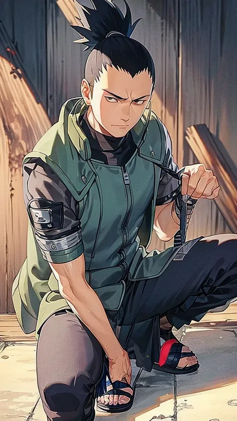 In the manga series "NARUTO" a man named "Sikamaru" with his trademark hairstyle tied back, is squatting on a tower and holding a long katana. The character wears a gray jacket with rolled up sleeves, a mesh undershirt, and dark pants. There are blue detai...