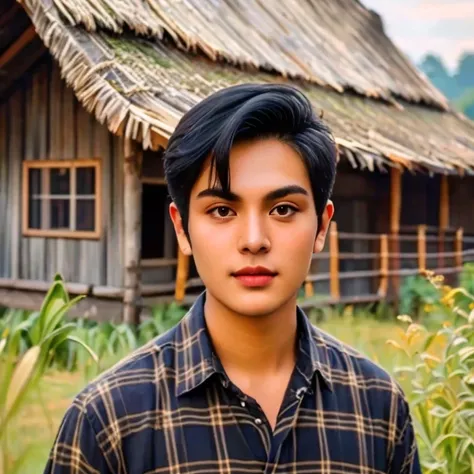 Aaraf wearing a plaid shirt stood in front of the house., Portrait in the middle of a shot, Portrait 8 k, instagram post, Southeast Asians with round faces, Short mohawk hair, Photos in Portrait mode, Medium-term portrait, Shot with Sony Alpha, soft Portra...