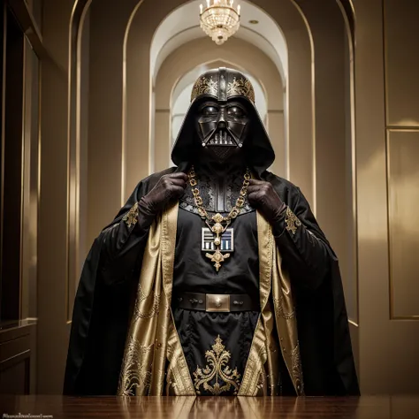 Portray Darth Vader, iconic character from Star Wars, in traditional Russian clothes. Instead of his usual black suit, let him be dressed in a rich Russian caftan, decorated with intricate patterns and gold embroidery. His helmet and other elements of his ...