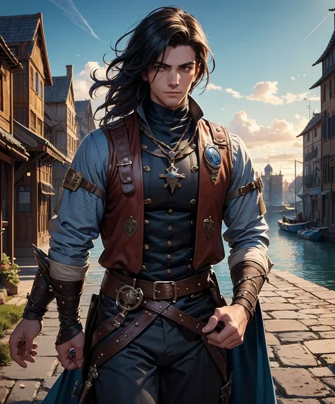 score_9, score_8_up, score_8,  (((Single character image.))) (((1boy))) (((Dressed in medieval fantasy attire.)))     (((This character is very sexy and dashing.))) Generate a daring, thrilling swashbuckler with a charm and style that is irresistible.  Thi...