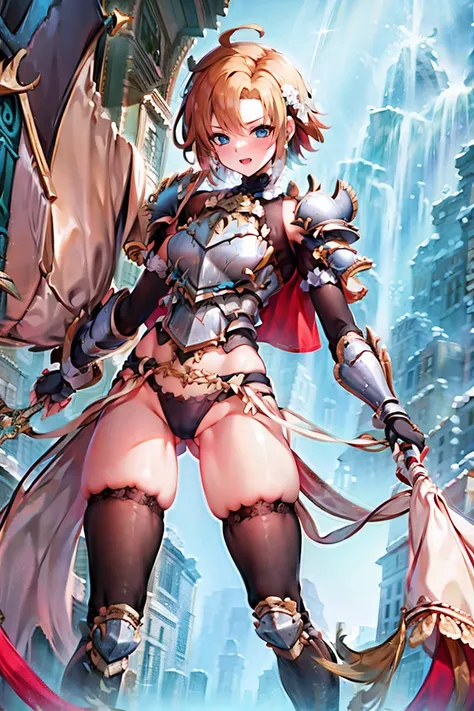 1girl,solo,　gauntlets, armored boots,breastplate, pauldrons, shoulder armor, armor, center loincloth, thighhighs, dare thighs, short hair, pink hair, blue eyes, adult, adult face, fearless face, curvy, 