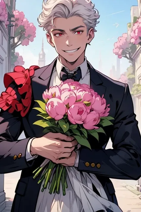 Perfect face. Perfect hands. A young white haired man with red eyes in an ornate suit is holding a bouquet of peonies in the park with a big smile