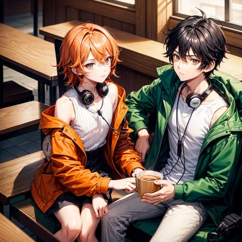 Anime style boy with short wavy shoulder-length orange hair , almond-shaped black eyes sitting having a coffee in a cafeteria with a green jacket and black headphones around his neck 