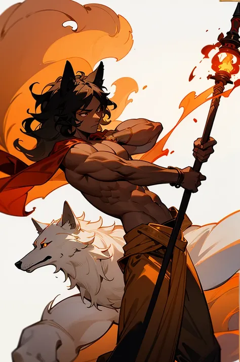 concept, [fire staff], medieval, wood staff, long torch, white background, A fire dancers staff (umber skin, black skin), with wolf ears, muscle, shirtless, black wavy hair, oriental, soft, delicate