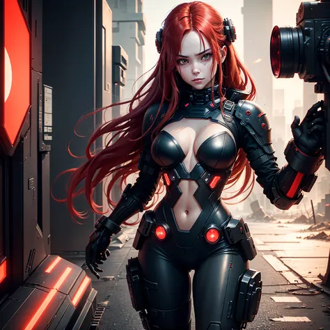 "Fantastic cyberpunk post-apocalyptic style. Beautiful cyborg girl with long red hair, dressed in a black android suit with a cleavage and small red details, stands vertically in front of the camera. Her hands are behind her back. She looks into the lens w...