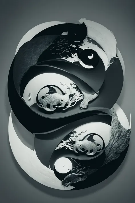 Blackwork Yinyang with 2 carps on a cranial skull in moonlight ,