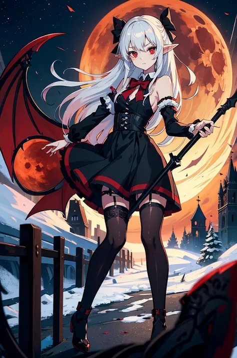 1 Girl Elf, vampire, young, black dress, red right stocking, black left stocking, red eyes, white hair with bow, with a huge scythe, against the backdrop of the red moon, abandoned gothic church, night, looking at viewer, cute pose, 8k, masterpiece, high r...