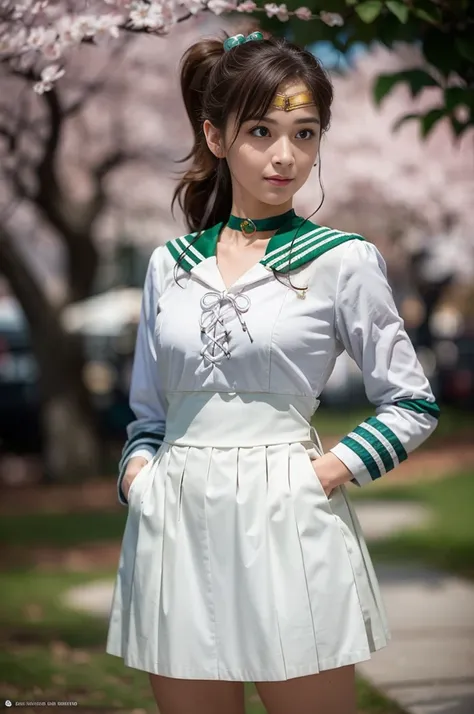 (Full Body Shot:1.7), (masterpiece, Highest quality:1.4),One girl, alone, Ham Jupiter, (Green Eyes), ponytail, (tiara:1.2), jewelry, (Sailor Warrior Uniform:1.5), Green sailor collar, choker, Elbow hand pockets, White gloves, Pink ribbon, brooch, White leo...