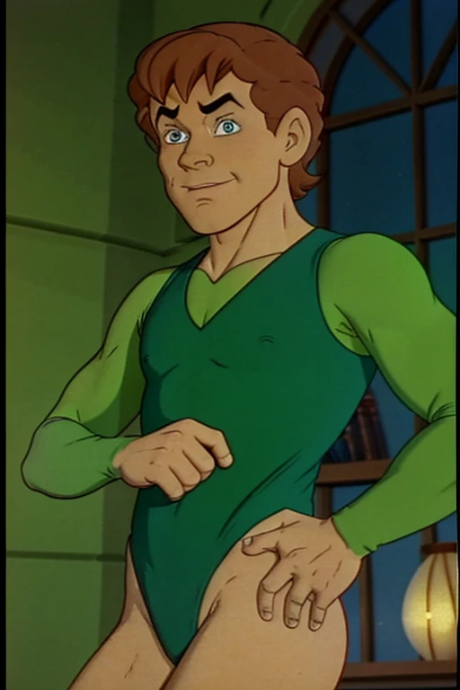 a redhead cartoon character dressed in a green leotard, very muscular, a young male wizard, 1980s cartoon, animated episode still, Presto (((mad)))