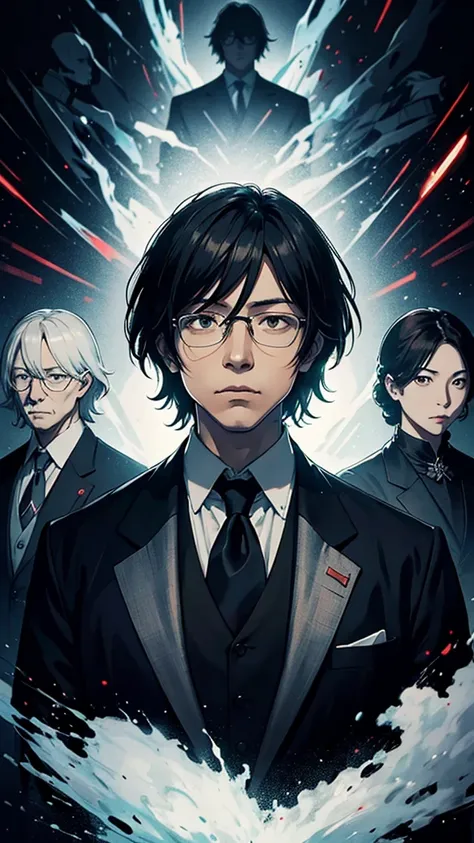 "An image showing Eiichi Shibusawas portrait surrounded by silhouettes of politicians in a formal setting, hinting at political intrigue and connections."
