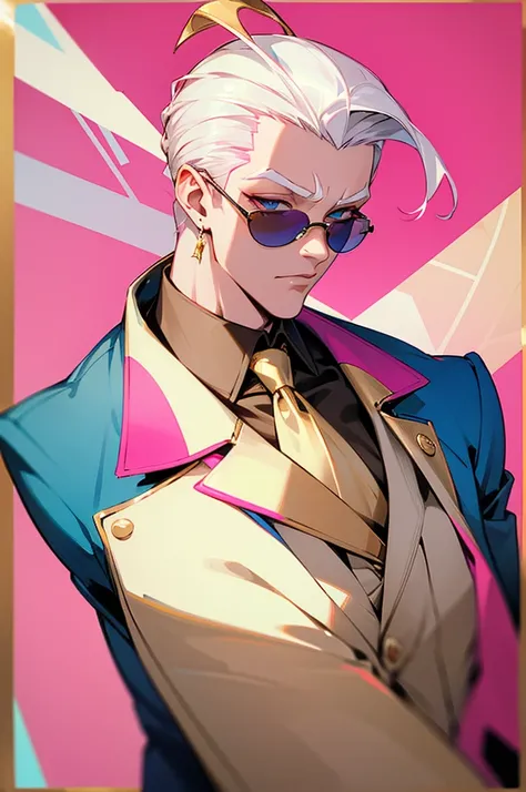 Adult male，Off-white hair，Slicked back，Eyes as blue as the sky，Pink sunglasses，Pink striped suit，pink necktie，Gold round earrings，Gold eyebrow studs，Host，