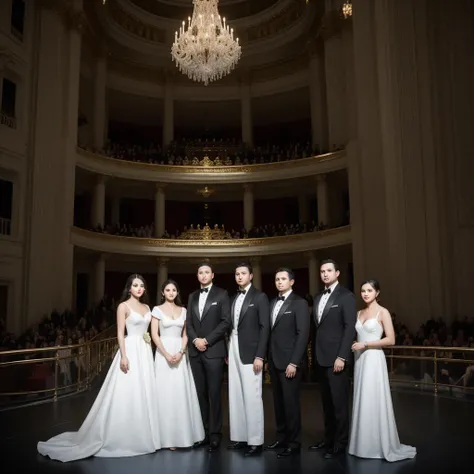 Three men and three women are standing on the opera stage, the three men are wearing black suits and the three women are wearing elegant long white dresses, realistic photo