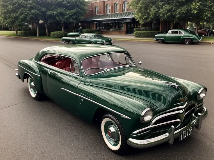 Picture a British racing green colored 1952 Dodge Kingsway Custom parked outside of a Restaurant, its chrome grille catching the sunlight, embodying an era of post-war optimism and automotive innovation, distant shot 