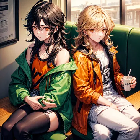 Anime-style boy with short shoulder-length wavy hair, orange eyes, black almond eyes, sitting having a coffee in a cafe, wearing a green jacket and black headphones around his neck. 