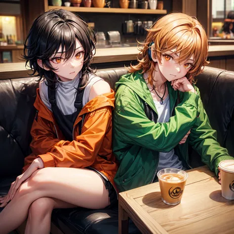 Anime-style boy with short shoulder-length wavy hair, orange eyes, black almond eyes, sitting having a coffee in a cafe, wearing a green jacket and black headphones around his neck. 