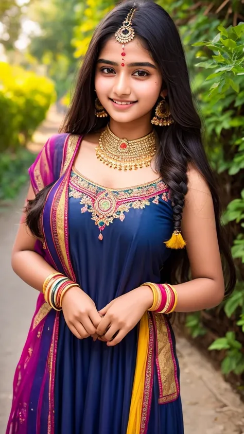 beautiful cute young attractive indian teenage girl, village girl, 18 years old, cute, Instagram model, long black_hair, colorful hair, indian, huge big breasts, little smiling, smooth face very realistic